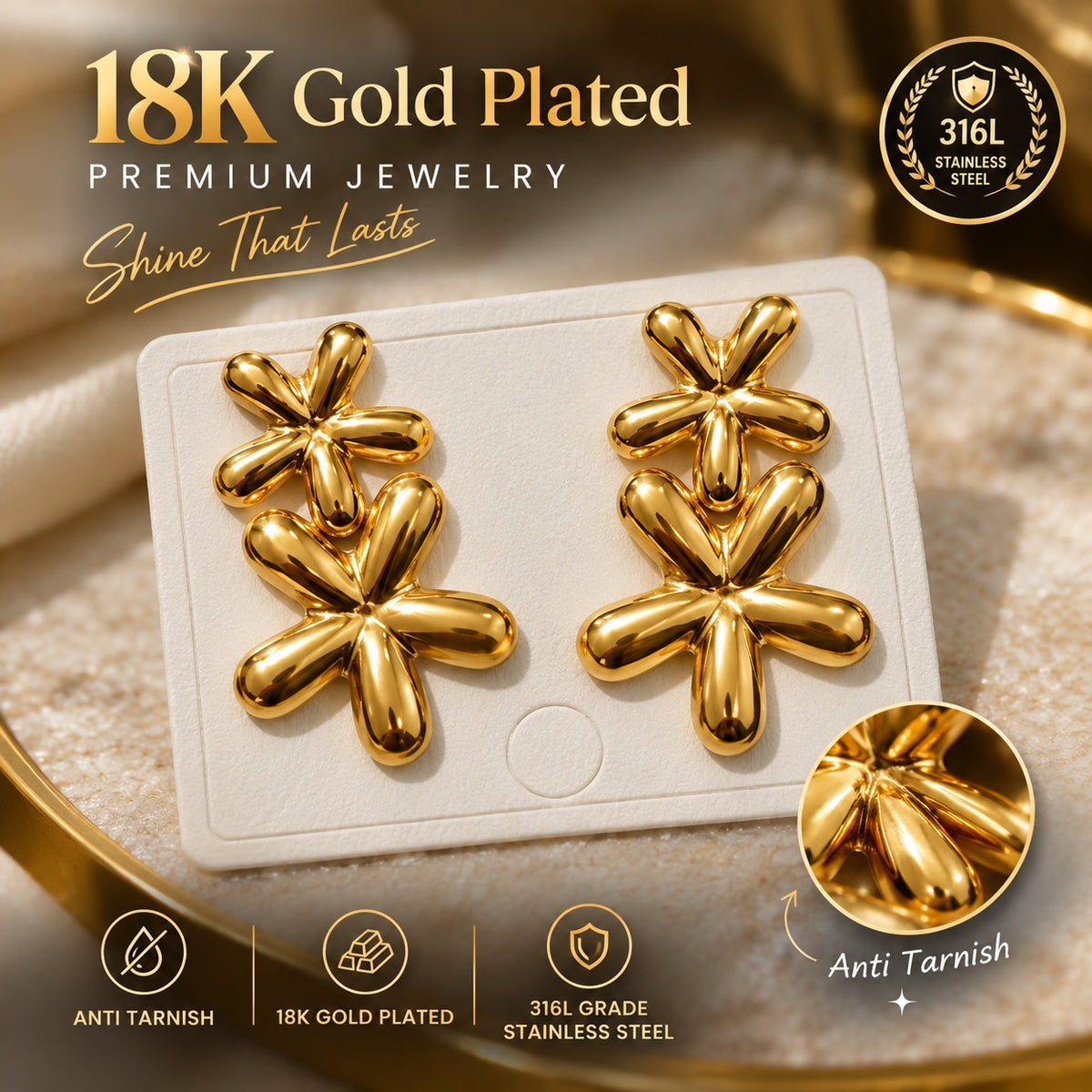 Stainless Steel Floral Earrings F4S1035 |18K Gold plated | 316L Grade | anti tarnish
