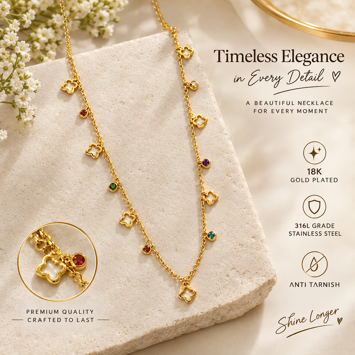 Korean Necklace for Women | Trendy Multicolor Stone Pendant Chain | F4S1032