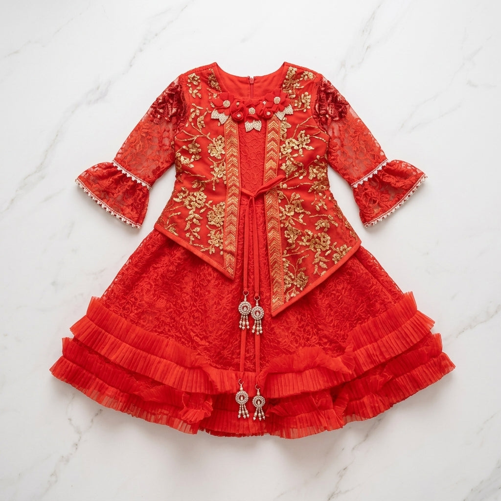 Faiz4s | പെൺകുട്ടികൾക്കുള്ള മോഡേൺ നെറ്റ് ഫ്രോക്ക് | ഫുൾ സ്ലീവ് | 5 - 8 വയസ്സ് | F4S1007