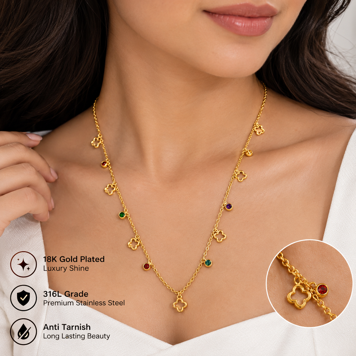 Korean Necklace for Women | Trendy Multicolor Stone Pendant Chain | F4S1032