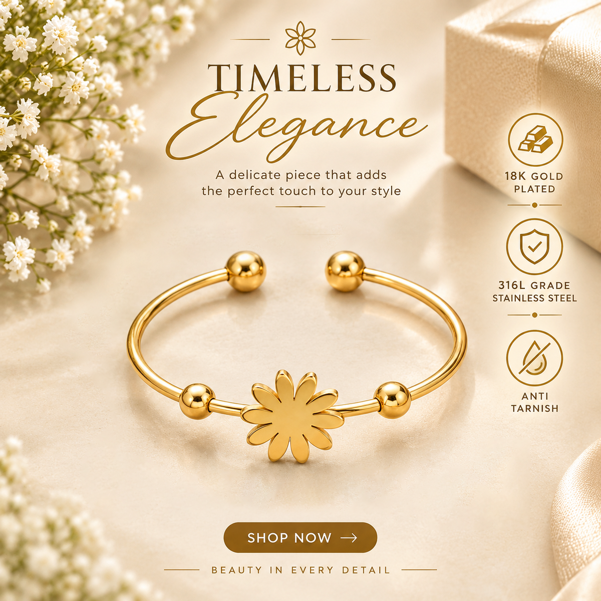 Stainless steel cuff Bangle F4S1036 |18K Gold plated | 316L Grade | anti tarnish